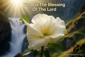 A white flower in the foreground with a waterfall and lush green mountains background with the title “What is The Blessing Of The Lord” above it.