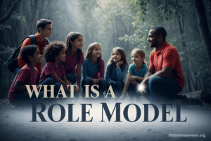 A group of children gathered around their mentor, visually representing the concept of leadership with the caption - What Is a Role Model